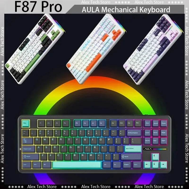 F87 Pro Mechanical Keyboard 2.4G/Usb/Bluetooth Tri Mode Wireless 87 Key Rgb Pbt Gasket 5 Layer Silencing Full Key No Impact