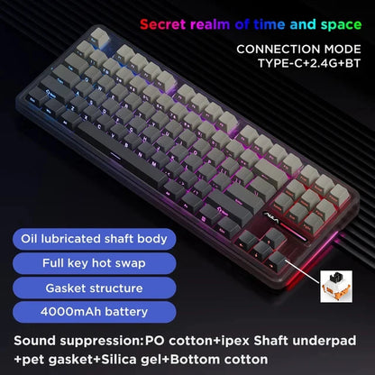 F87 Pro Mechanical Keyboard 2.4G/Usb/Bluetooth Tri Mode Wireless 87 Key Rgb Pbt Gasket 5 Layer Silencing Full Key No Impact